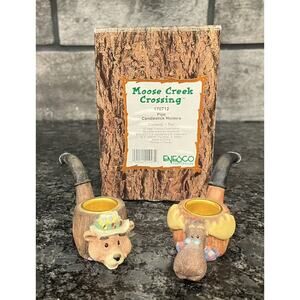 (1) Pair Enesco Moose Creek Crossing Pipe Candlestick Holders 1995 #170712
